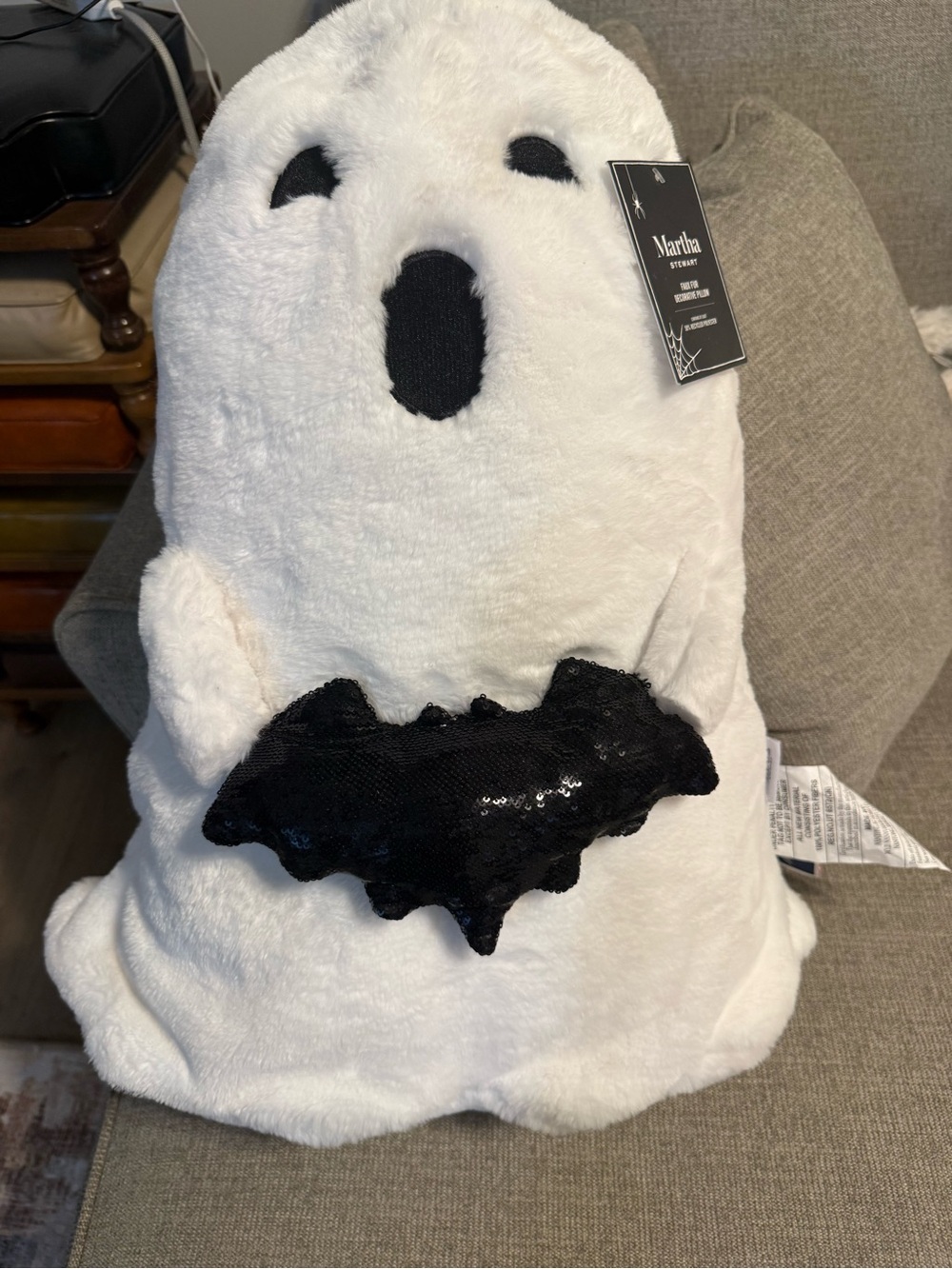 Large Martha Stewart Faux Fur Ghost Decorative Pillow with bat Halloween